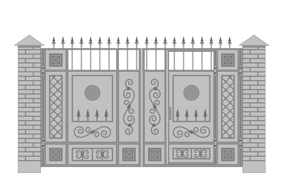 Закрытые прямые ворота со встроенной калиткой и шириной 3400 мм, рисунок 2